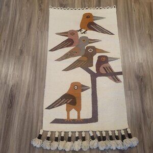 VTG Olga Fisch Folklore Embroidery Quito Ecuador 52x27 Wall Tapestry Woven Bird